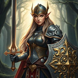 Design a female elven crusader clad in thick, ornate armor that balances elven grace and crusader strength