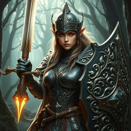 Design a female elven crusader clad in thick, ornate armor that balances elven grace and crusader strength