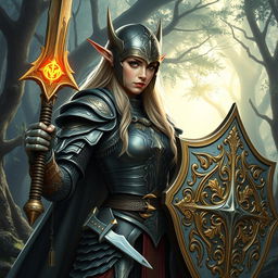 Design a female elven crusader clad in thick, ornate armor that balances elven grace and crusader strength