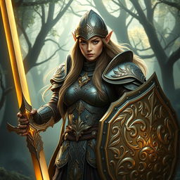 Design a female elven crusader clad in thick, ornate armor that balances elven grace and crusader strength