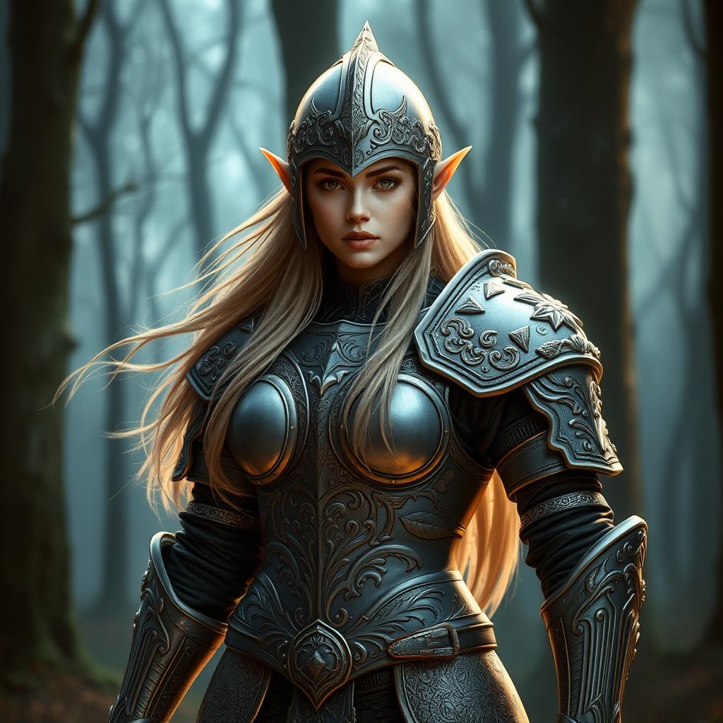 Create a female elven crusader wearing thick, ornate armor without any weapons or shields