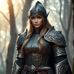 Create a female elven crusader wearing thick, ornate armor without any weapons or shields