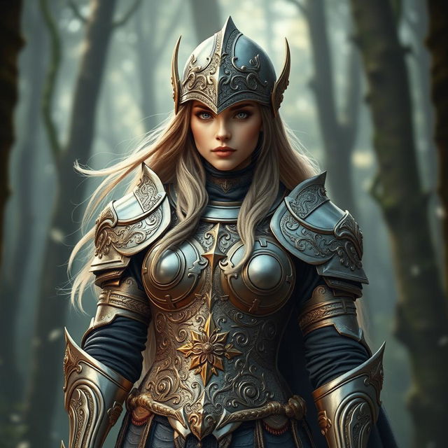 Create a female elven crusader wearing thick, ornate armor without any weapons or shields