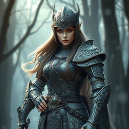 Create a female elven crusader wearing thick, ornate armor without any weapons or shields