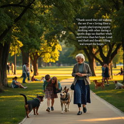 In a serene park setting, Lucy encounters an old woman walking leisurely