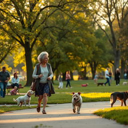 In a serene park setting, Lucy encounters an old woman walking leisurely