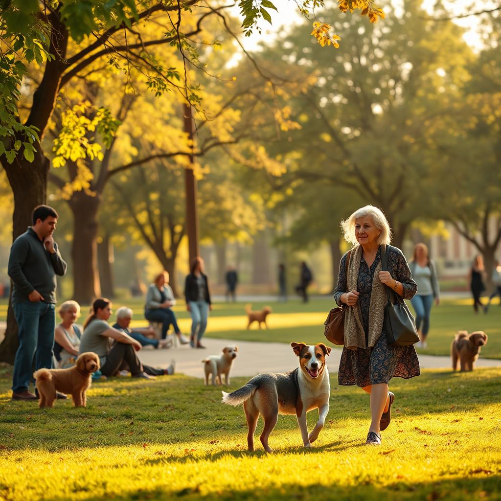 In a serene park setting, Lucy encounters an old woman walking leisurely