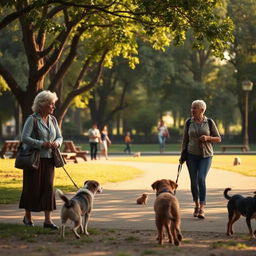 In a serene park setting, Lucy encounters an old woman walking leisurely