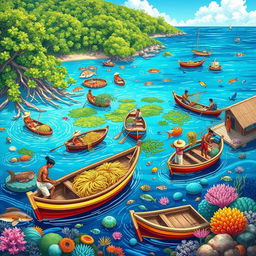 A vibrant illustration of maritime resource management in a coastal village