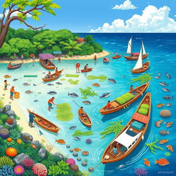 A vibrant illustration of maritime resource management in a coastal village