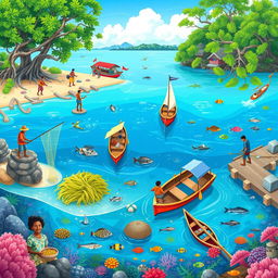 A vibrant illustration of maritime resource management in a coastal village