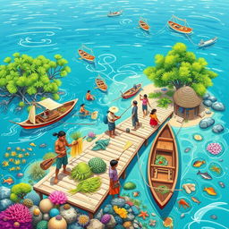 A vibrant illustration of maritime resource management in a coastal village