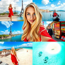 A woman with long, flowing blonde hair and piercing blue eyes, wearing a red dress