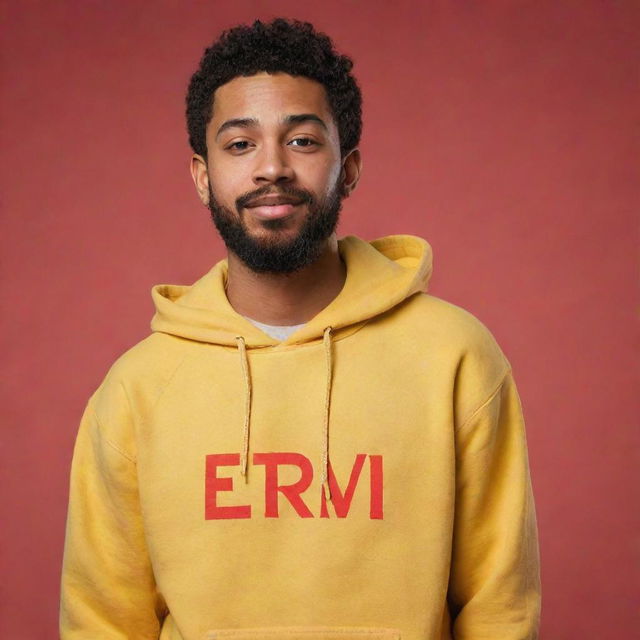 A 20-year-old guy with short hair and a beard, wearing a yellow hoodie with the text 'El Trivi', set against a red background. The style is attributive of Disney/Pixar animation.