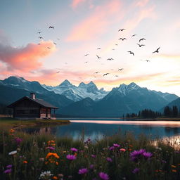 A scenic view of the Swiss Alps during sunrise, with the first light of the sun illuminating the snow-capped peaks