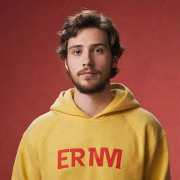 A 20-year-old guy with short hair and a beard, wearing a yellow hoodie with the text 'El Trivi', set against a red background. The style is attributive of Disney/Pixar animation.