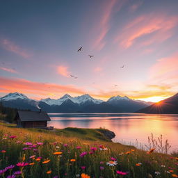 A scenic view of the Swiss Alps during sunrise, with the first light of the sun illuminating the snow-capped peaks