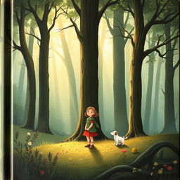 On the cover of a fairy tale book, Lily stands at the edge of a mysterious and quiet forest, her figure exuding a sense of determination and hope