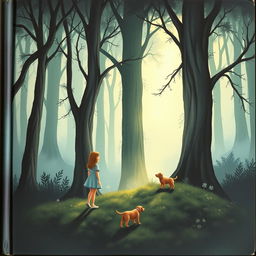 On the cover of a fairy tale book, Lily stands at the edge of a mysterious and quiet forest, her figure exuding a sense of determination and hope