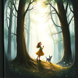 On the cover of a fairy tale book, Lily stands at the edge of a mysterious and quiet forest, her figure exuding a sense of determination and hope