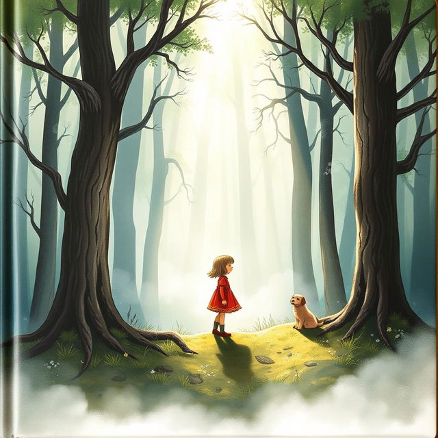 On the cover of a fairy tale book, Lily stands at the edge of a mysterious and quiet forest, her figure exuding a sense of determination and hope