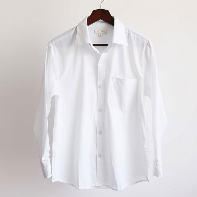 A classic regular fit white shirt, displayed on a hanger against a plain backdrop