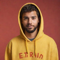 A 20-year-old guy with short hair and a beard, wearing a yellow hoodie with the text 'El Trivi', set against a red background. The style is attributive of Disney/Pixar animation.