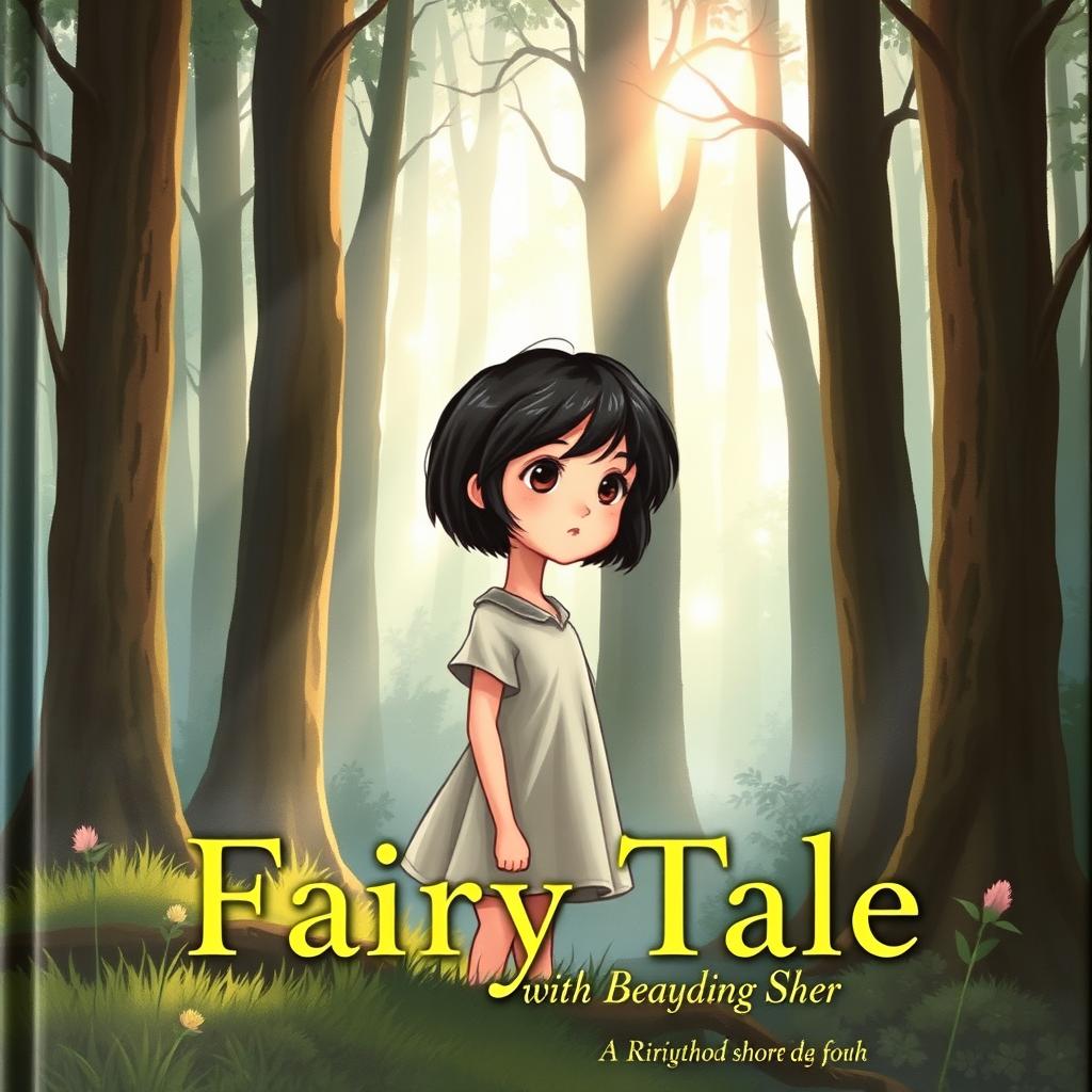 On the cover of a fairy tale book, a girl named Lily, with short dark hair, stands at the edge of a mysterious and quiet forest