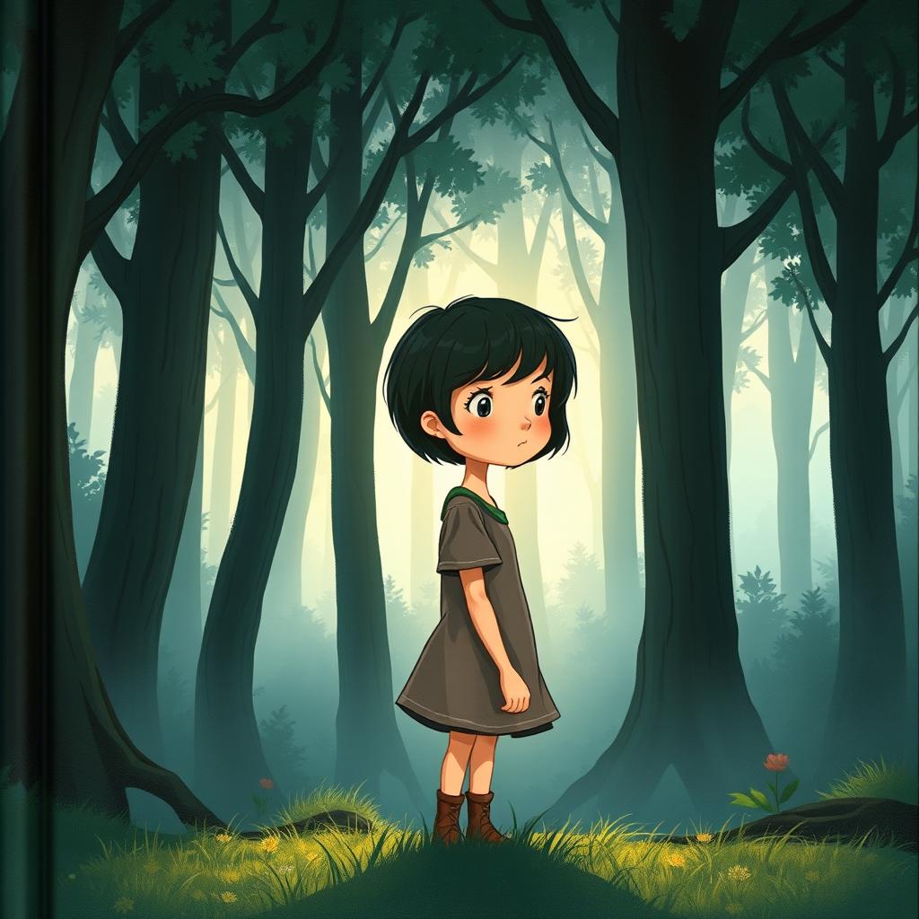 On the cover of a fairy tale book, a girl named Lily, with short dark hair, stands at the edge of a mysterious and quiet forest