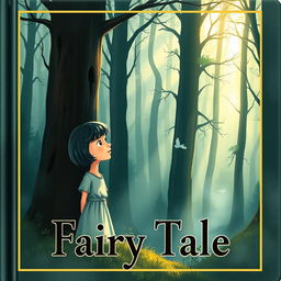 On the cover of a fairy tale book, a girl named Lily, with short dark hair, stands at the edge of a mysterious and quiet forest