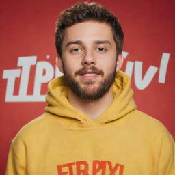 A 20-year-old guy with short hair and a beard, wearing a yellow hoodie with the text 'El Trivi', set against a red background. The style is attributive of Disney/Pixar animation.