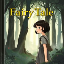 On the cover of a fairy tale book, a girl named Lily, with short dark hair, stands at the edge of a mysterious and quiet forest