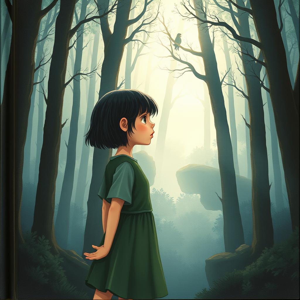 On the cover of a fairy tale book, a girl named Lily, with short dark hair, stands at the edge of a mysterious and quiet forest