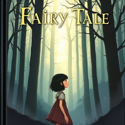 On the cover of a fairy tale book, a girl named Lily, with short dark hair, stands at the edge of a mysterious and quiet forest