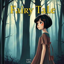 On the cover of a fairy tale book, a girl named Lily, with short dark hair, stands at the edge of a mysterious and quiet forest