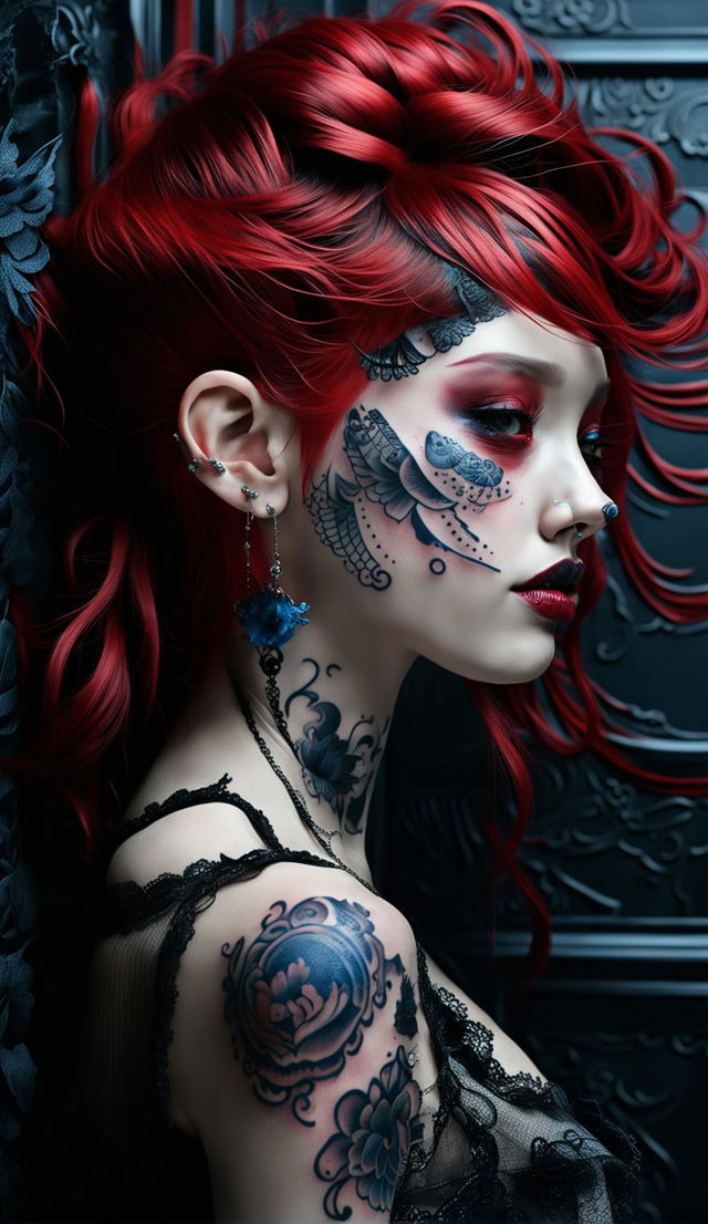 Hyper-realistic 3D side profile photograph of a gothic woman with burgundy red hair, Japanese tattoos, and piercings. Symmetric blue eyes with circular irises, full vibrant red lips, and detailed skin pores. Framed by lace and satin in a dark, gritty, low-light aesthetic.