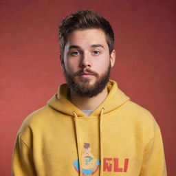 A 20-year-old young man with a beard and short hair, wearing a yellow hoodie labeled 'El Trivi', set against a red background. The style resembles Disney/Pixar animation.