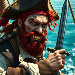 A tall, evil-looking male pirate captain with a gold tooth and red hair, showcasing an adventurous and rugged aura