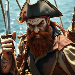 A tall, evil-looking male pirate captain with a gold tooth and red hair, showcasing an adventurous and rugged aura