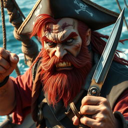 A tall, evil-looking male pirate captain with a gold tooth and red hair, showcasing an adventurous and rugged aura