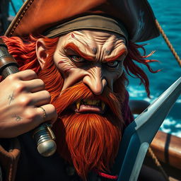 A tall, evil-looking male pirate captain with a gold tooth and red hair, showcasing an adventurous and rugged aura