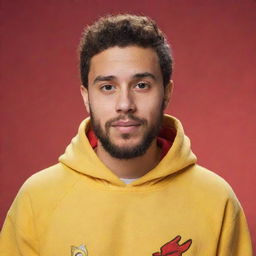 A 20-year-old young man with a beard and short hair, wearing a yellow hoodie labeled 'El Trivi', set against a red background. The style resembles Disney/Pixar animation.