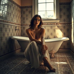 A woman sitting in a bathroom, creatively depicted with artistic use of light and shadow