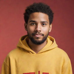 A 20-year-old young man with a beard and short hair, wearing a yellow hoodie labeled 'El Trivi', set against a red background. The style resembles Disney/Pixar animation.