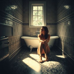 A woman sitting in a bathroom, creatively depicted with artistic use of light and shadow