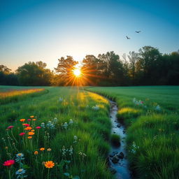 A serene and peaceful meadow at sunrise, with vibrant wildflowers and a clear blue sky