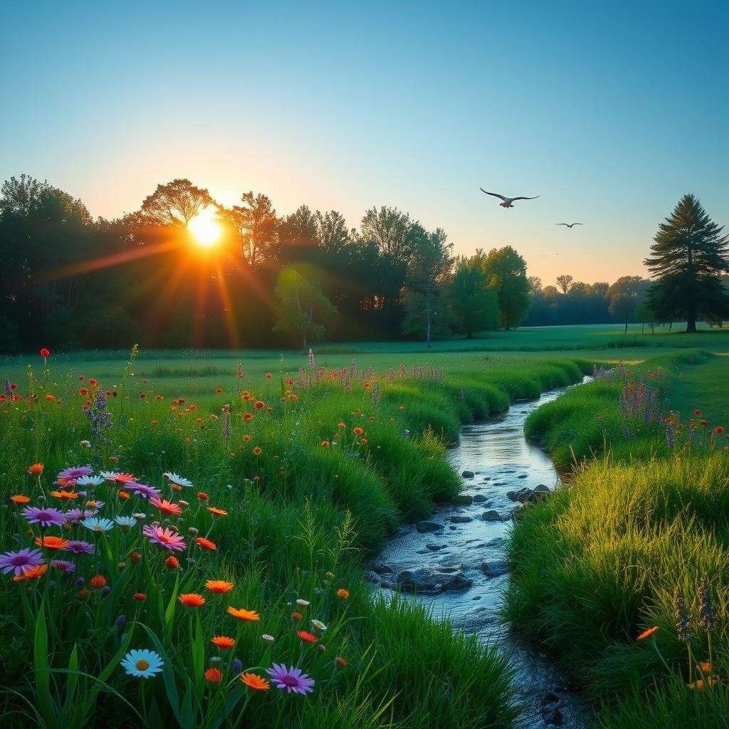 A serene and peaceful meadow at sunrise, with vibrant wildflowers and a clear blue sky