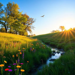 A serene and peaceful meadow at sunrise, with vibrant wildflowers and a clear blue sky