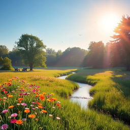 A serene and peaceful meadow at sunrise, with vibrant wildflowers and a clear blue sky