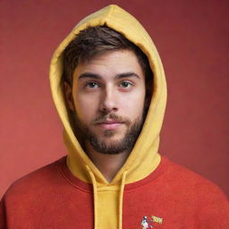 A 20-year-old young man with a beard and short hair, wearing a yellow hoodie labeled 'El Trivi', set against a red background. The style resembles Disney/Pixar animation.